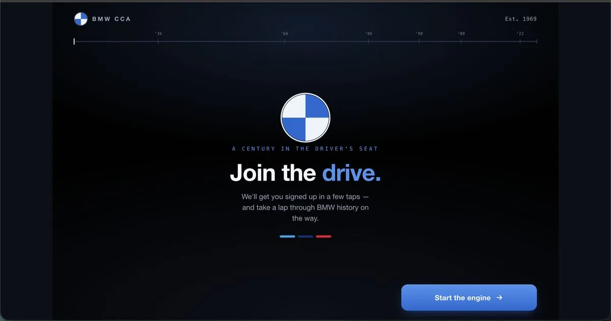 BMW CCA onboarding landing page